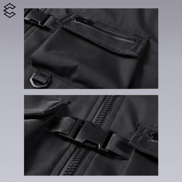 Black multi-pocket  techwear jacket - Close up image