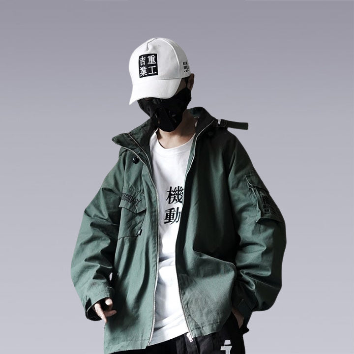 Men wearing the original green techwear jacket with straps and white cap