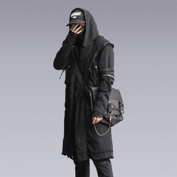 Men Model wearing the black techwear cloak and a bag covering his face - Clotechnow