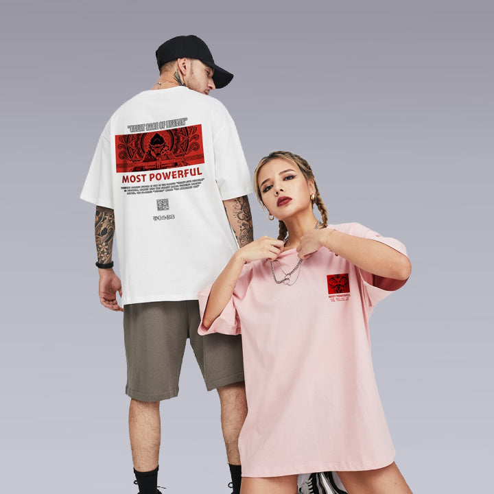 A tattooed Man wearing the UNISEX Kimura Sensei T-SHIRT in white color, and a girl standing next to him wearing the same t-shirt in pink color