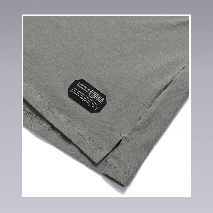 Clotechnow brand tag on the techwear shirt, gray color