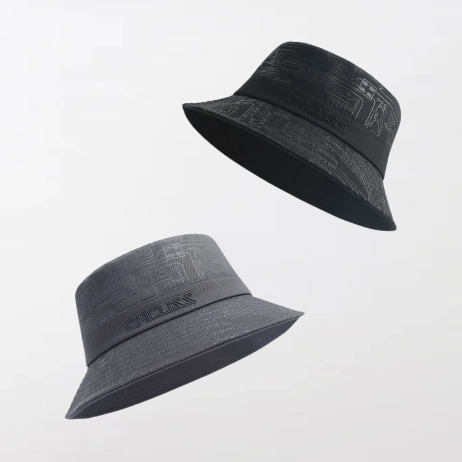 A black and gray Cyberpunk Bucket Hat with a three-dimensional shape, nearly routed brim - Clotechnow.