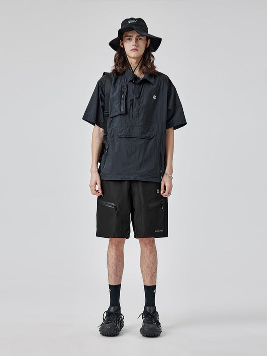 Black cargo shorts with multiple pockets for everyday wear.