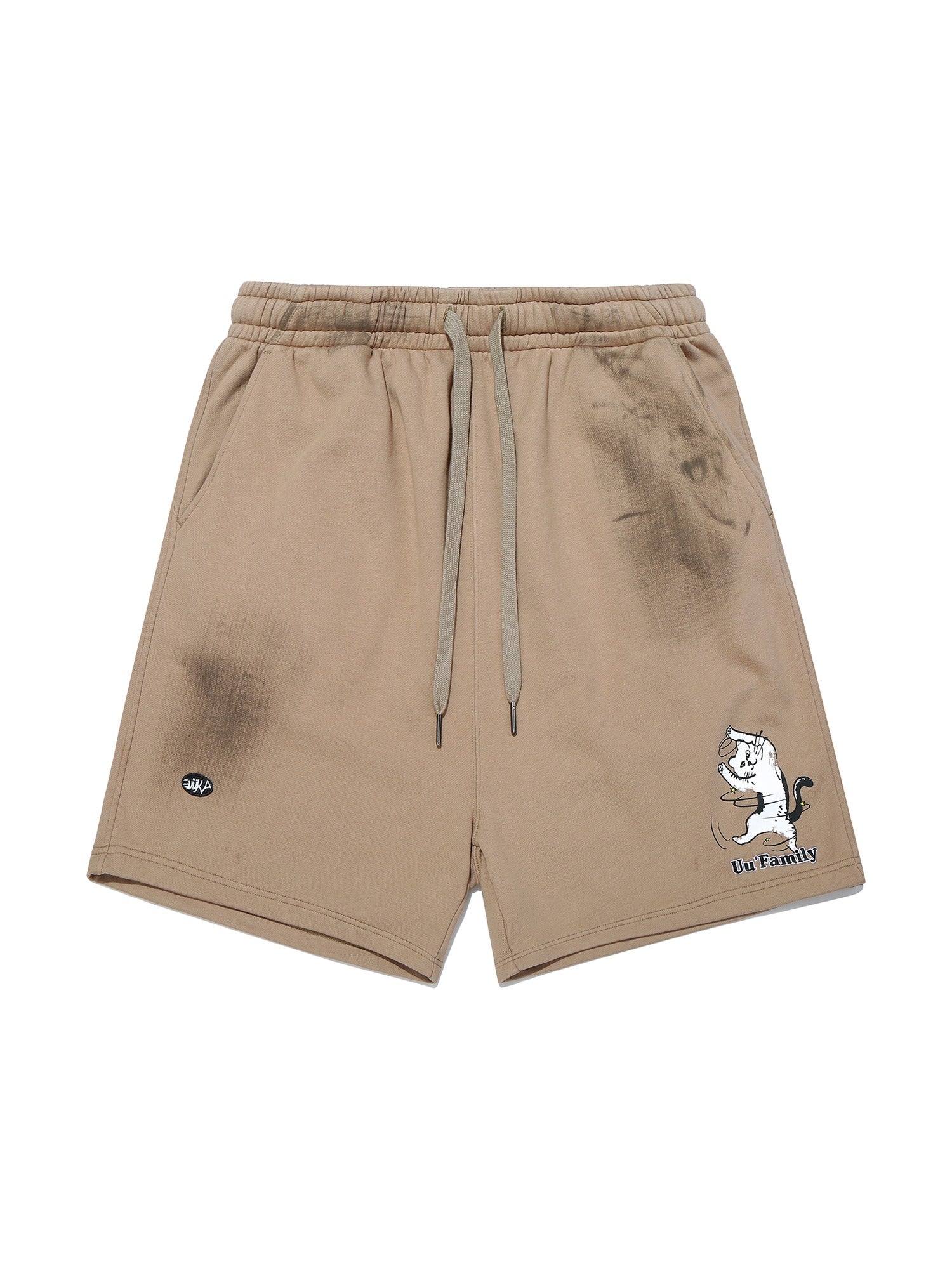 Khaki cat-printed cropped shorts for men in a relaxed fit.