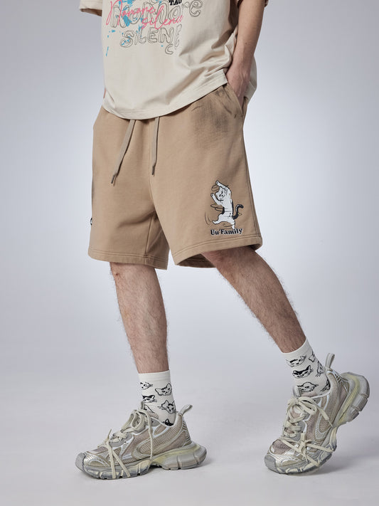 cat-printed cropped shorts for men in a relaxed fit.