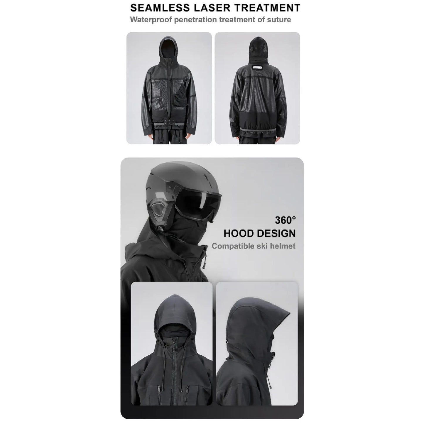 The 0107 Ski Down Techwear Jacket treated by seamless laser treatment
