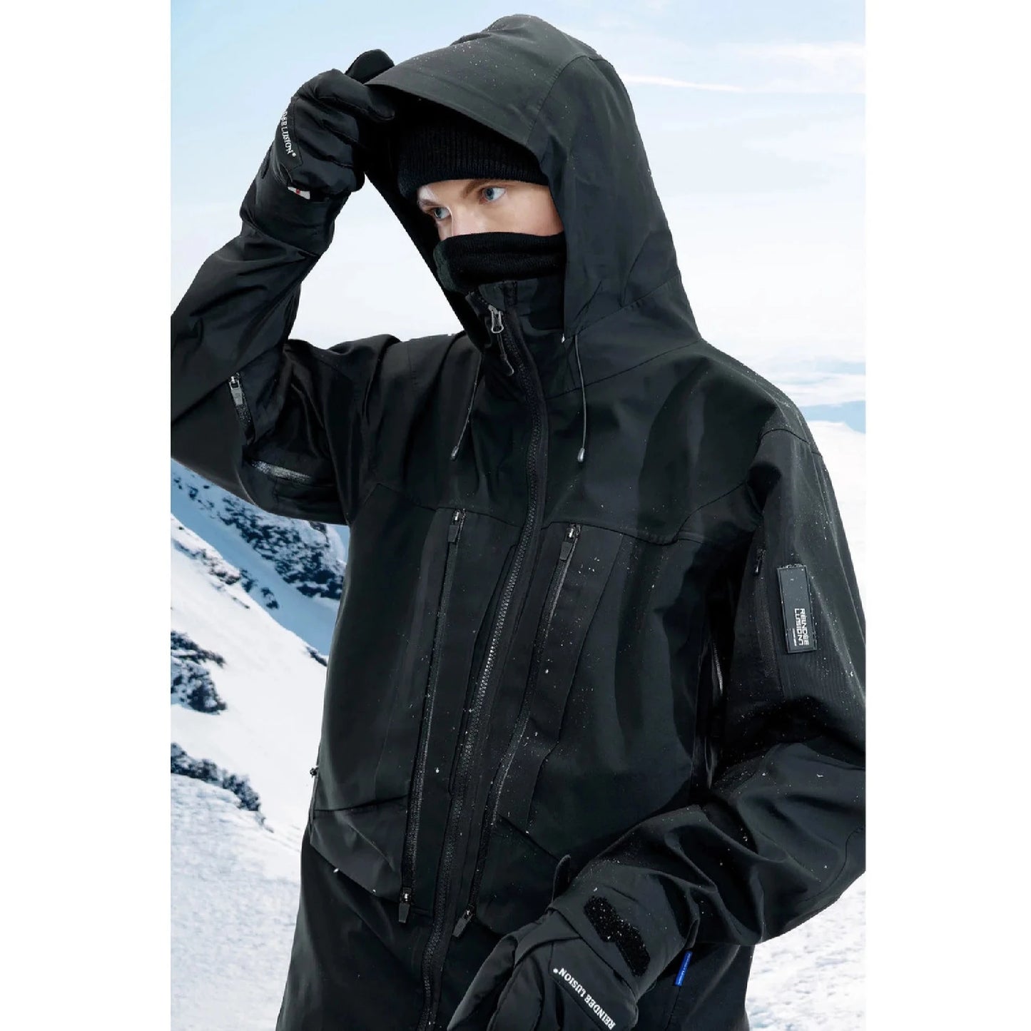 A man is wearing The 0107 Ski Down Techwear Jacket in Black Color