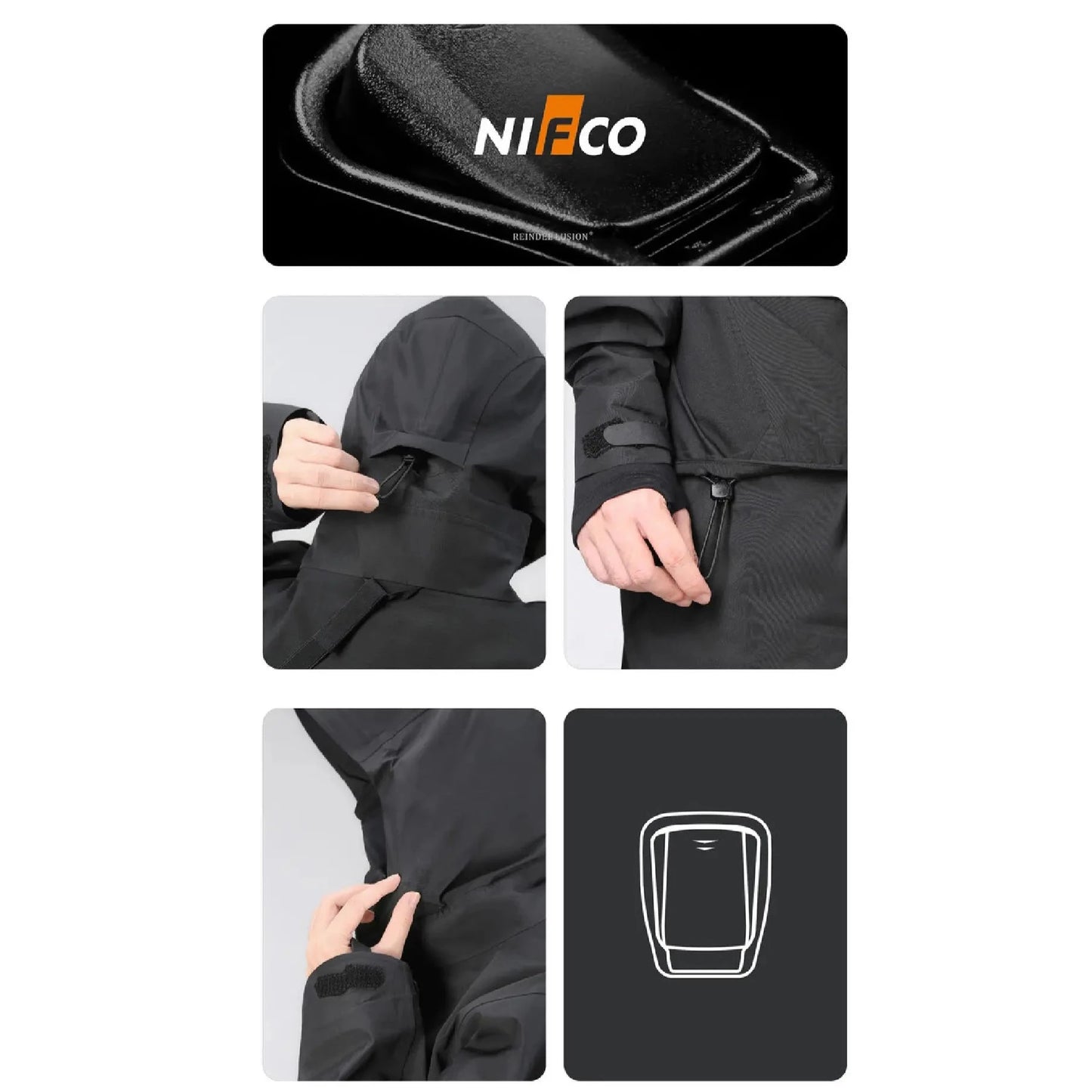 NIFCO adjuster of The 0107 Ski Down Techwear Jacket in black Color