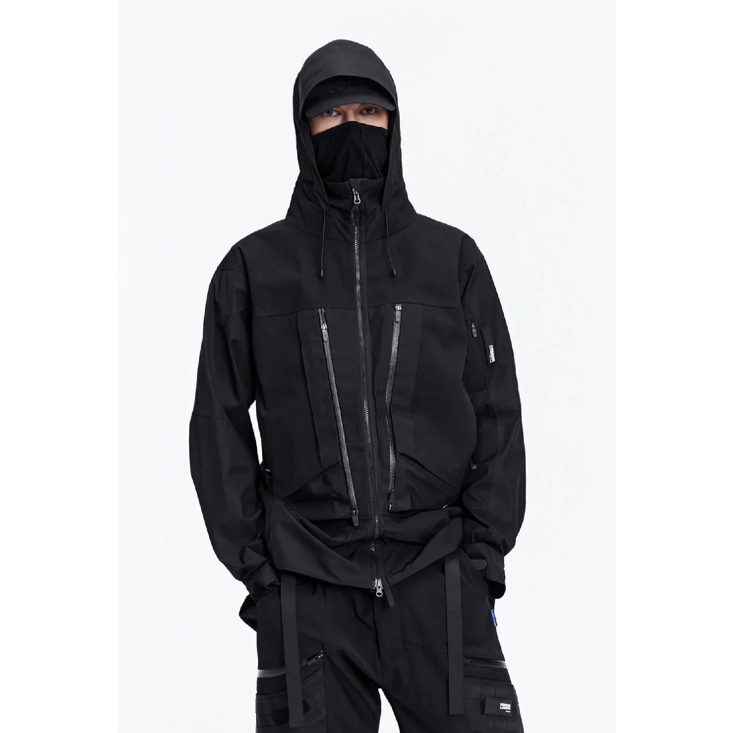 A man wearing The 0107 Ski Down Techwear Jacket in Black Color