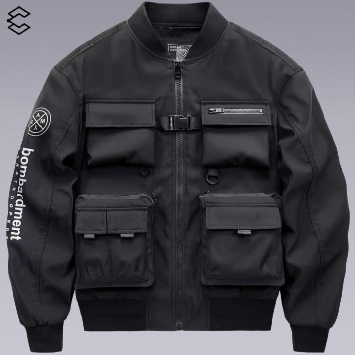 Black multi-pocket  techwear jacket - front side