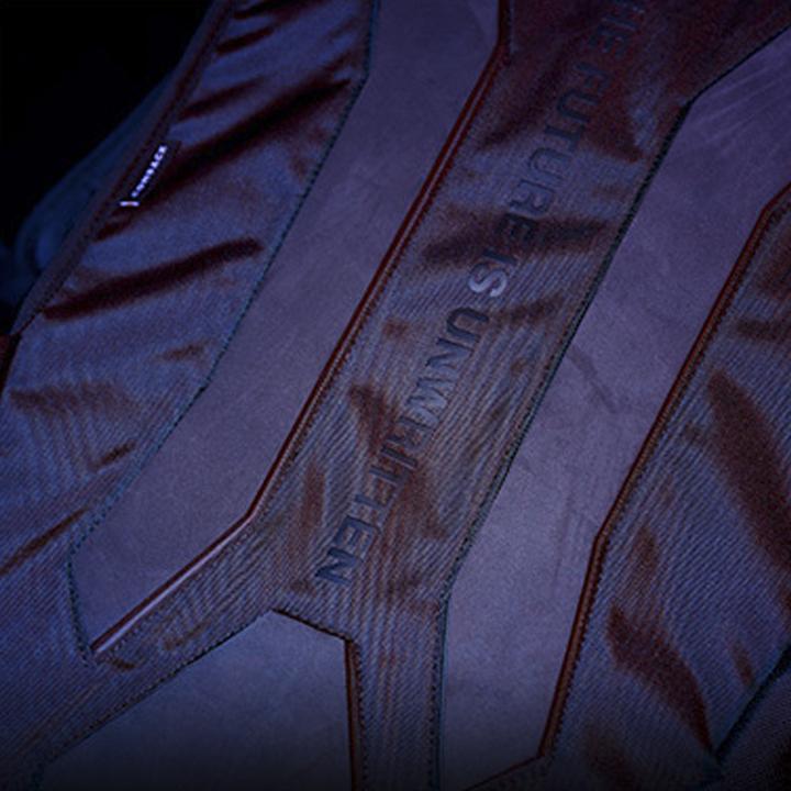 Cyberpunk brand name on the backpack close up image