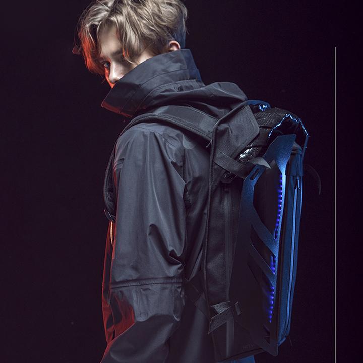A close up image for a man wearing the cyberpunk backpack