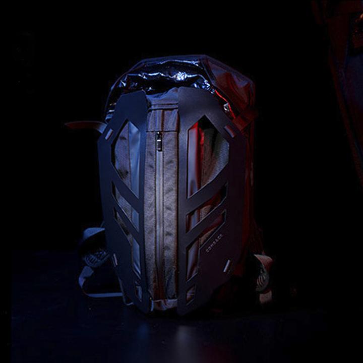 A close up image of the cyberpunk backpack in a dark background and light focus