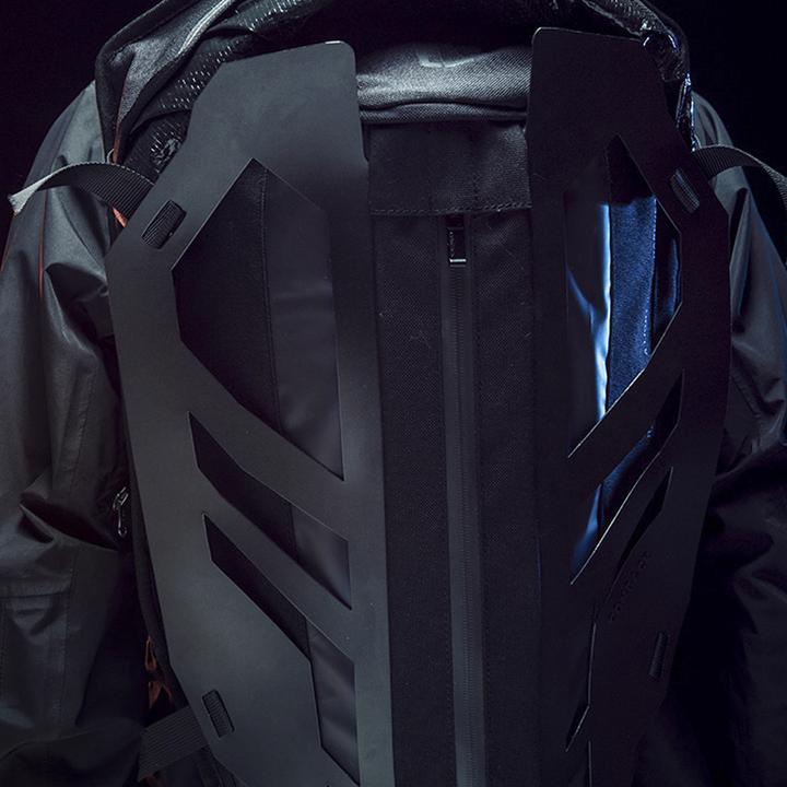 A close up image showing the 3D cutting technology of the cyberpunk backpack