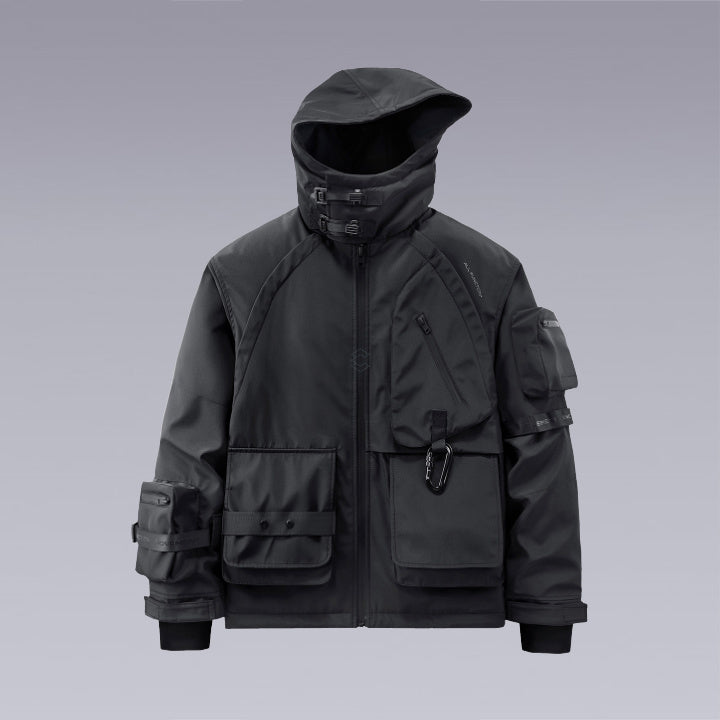 Multi-functional, water-repellent Black Techwear, Cyberpunk jacket with straps -Front