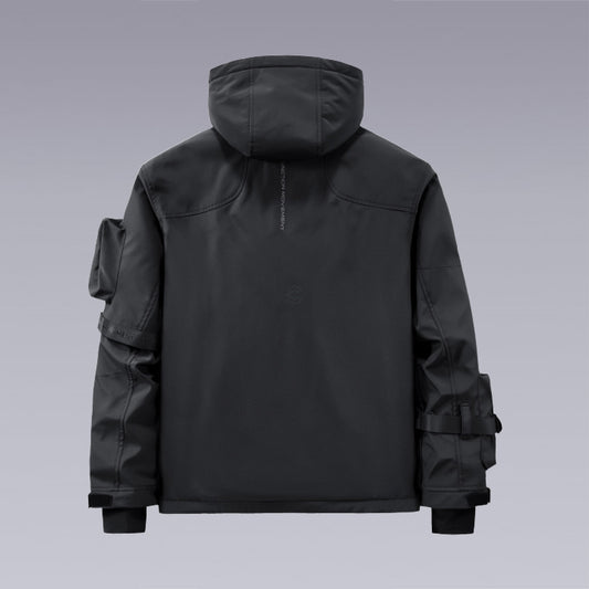 Multi-functional, water-repellent Black Techwear, Cyberpunk jacket with straps -Back