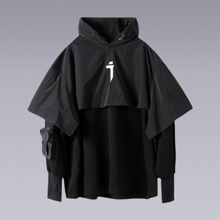 Front side of the Black oversized techwear hoodie hooded cape design windproof and waterproof