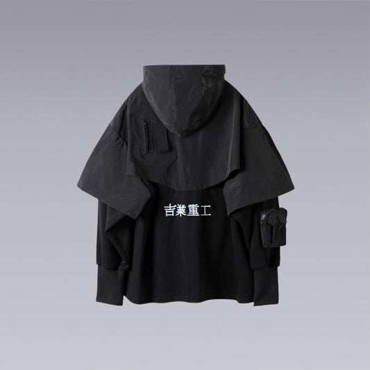 Back of the Black oversized techwear hoodie hooded cape design windproof and waterproof