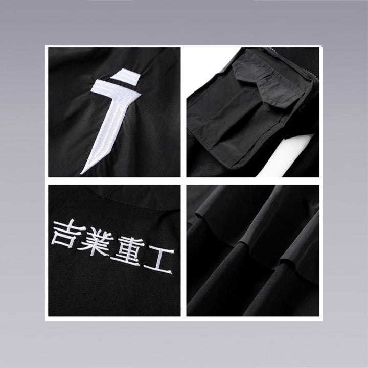 Details of the Black oversized techwear hoodie hooded cape design windproof and waterproof