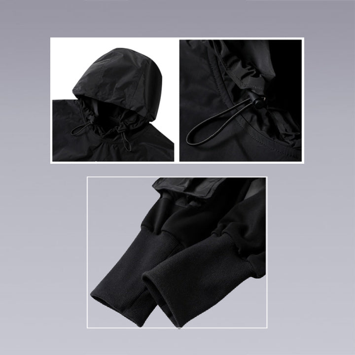 Details of the Black oversized techwear hoodie hooded cape design windproof and waterproof