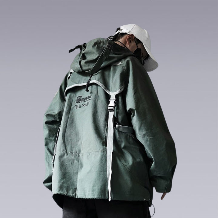 Men wearing the original green techwear jacket with straps and white cap, back image