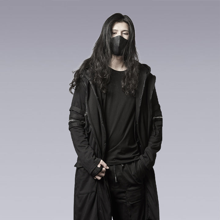 Men Model long hair wearing the black techwear cloak - Clotechnow