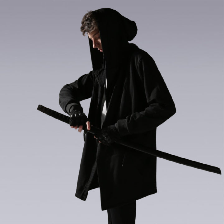 Men wearing the black hooded coat and holding the samurai sword