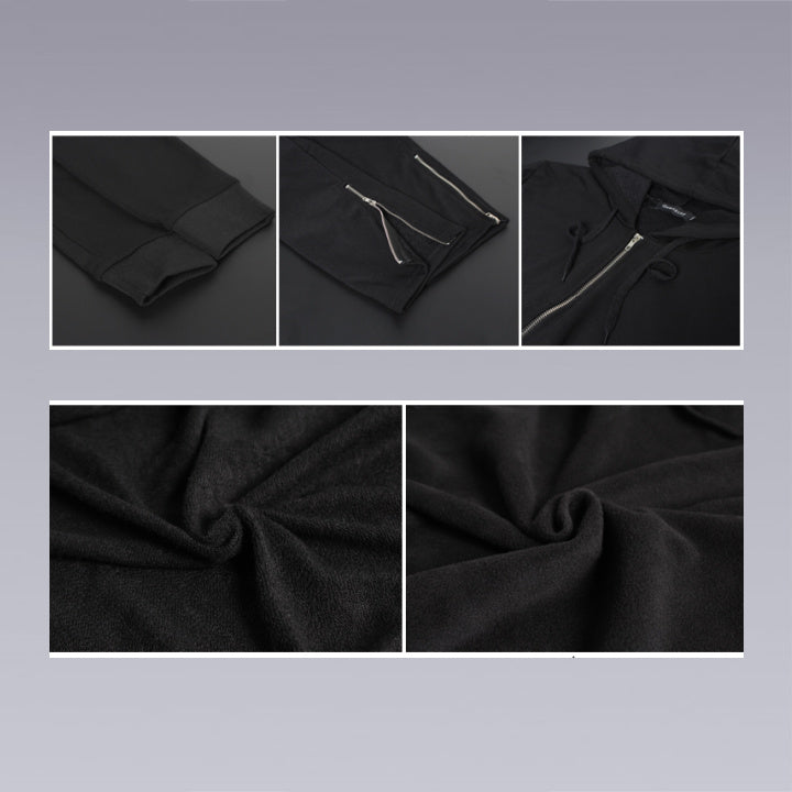 Details of the black hooded coat, zip up, cufs, fabric