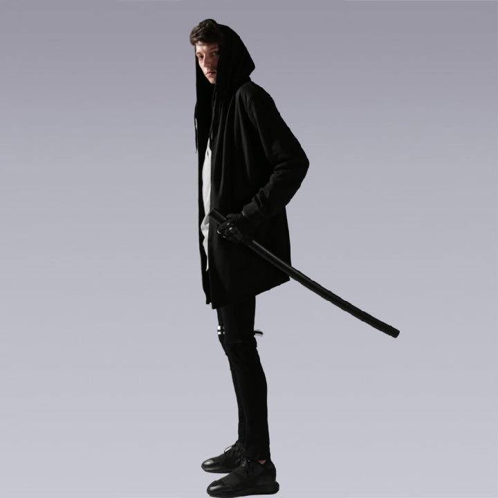 Men wearing the black hooded techwear coat and holding the samurai sword