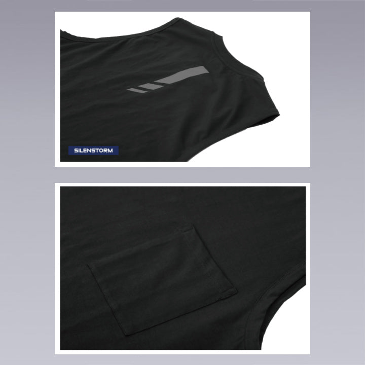 The black cyber techwear t-shirt - Sleeveless close up image. Clotechnow