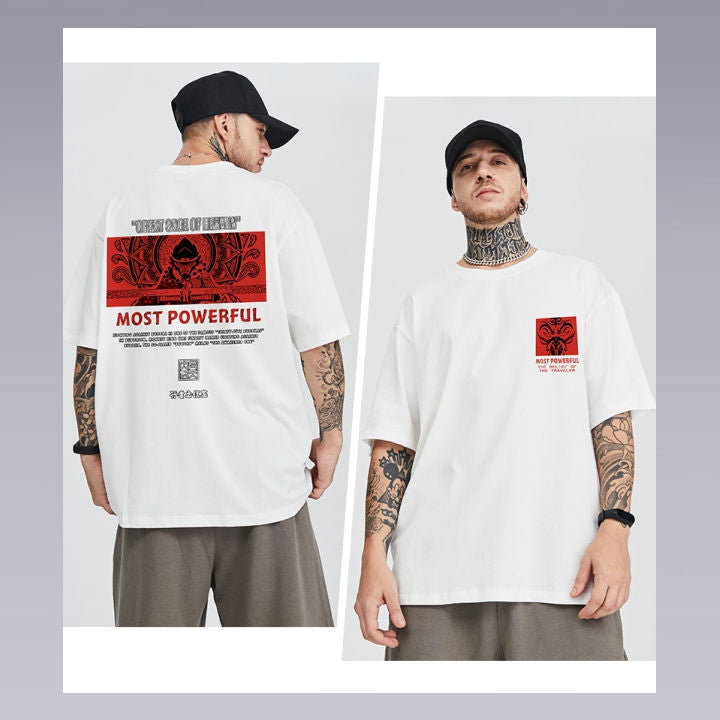 A tattooed Man wearing the UNISEX Kimura Sensei T-SHIRT in white color, 2 images of front and back.