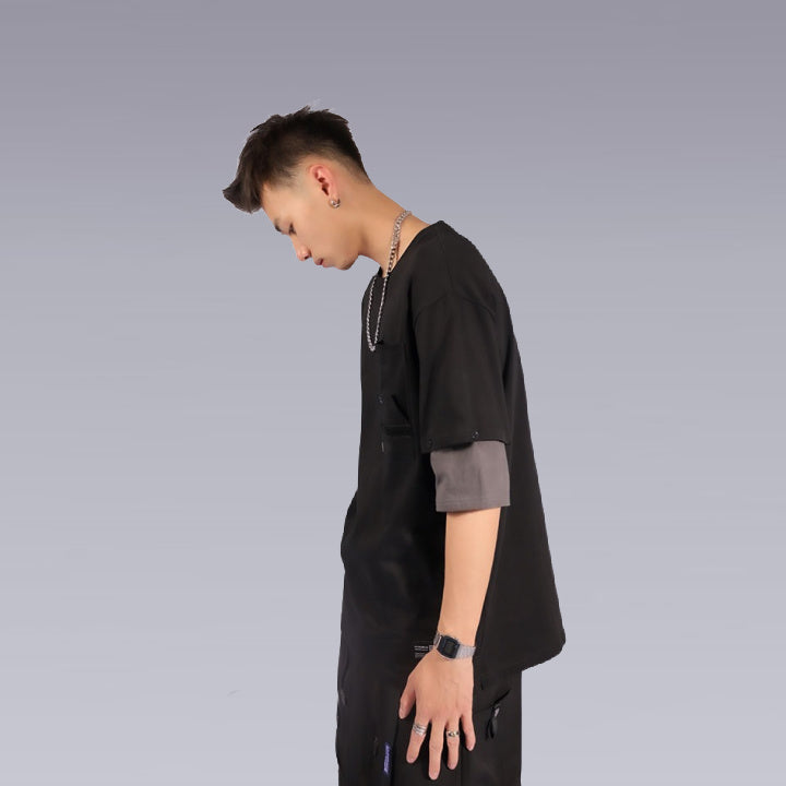 A man wearing the techwear shirt 3D cut, black color by clotechnow
