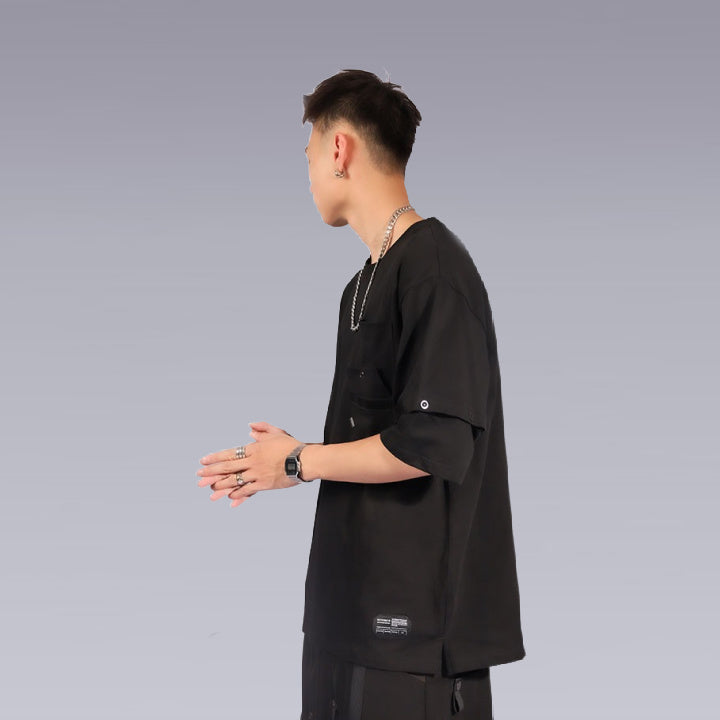 A man wearing the techwear shirt 3D cut, Black color by clotechnow