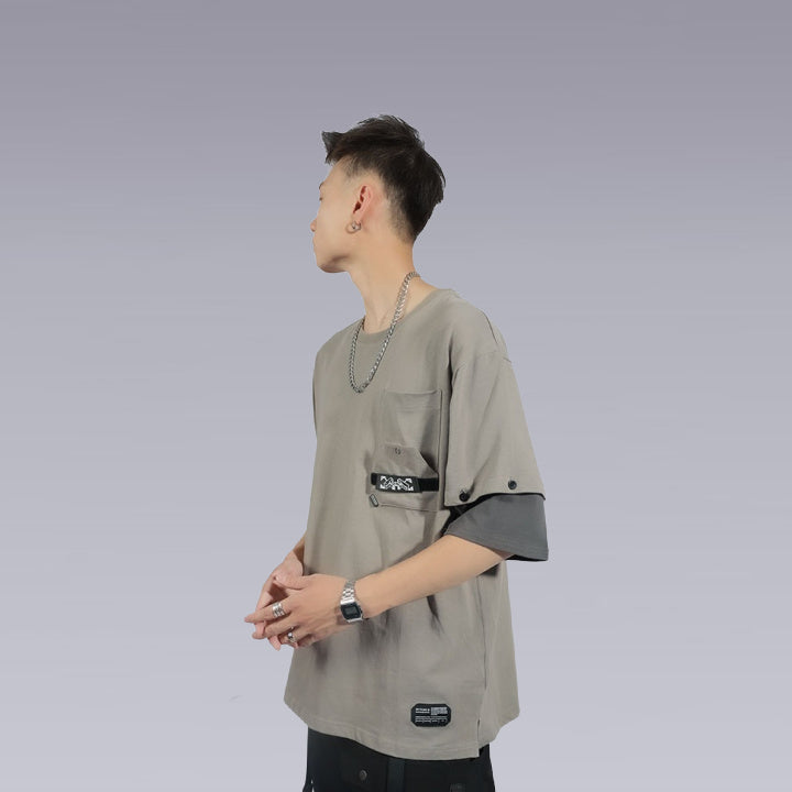 A man wearing the techwear shirt 3D cut, gray color by clotechnow