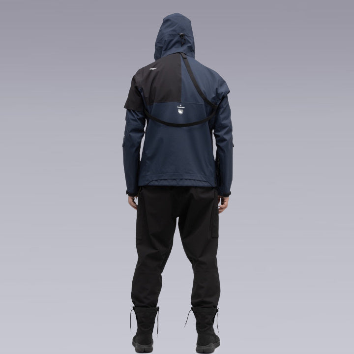 A man wearing the Death Stranding techwear Jacket, Back image close-up