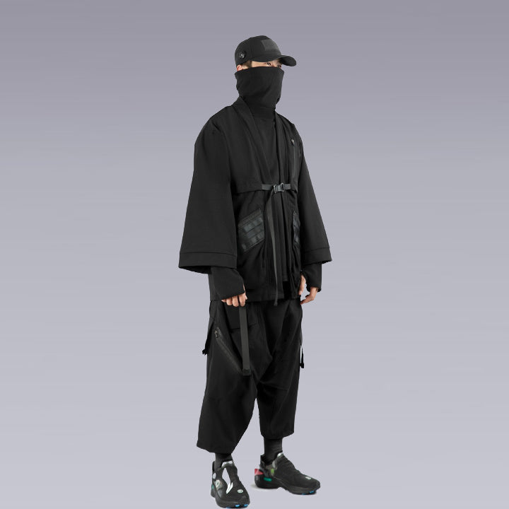 100% techwear outfit shot with a techwear black kimono and techwear pants