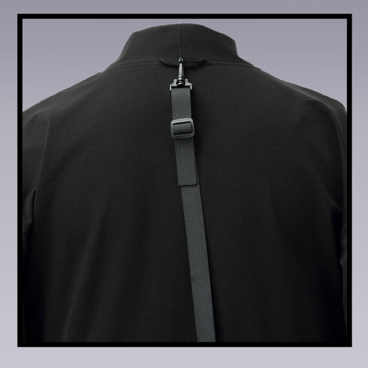 The back of the techwear ninja black kimono, image close up showing the quality details 