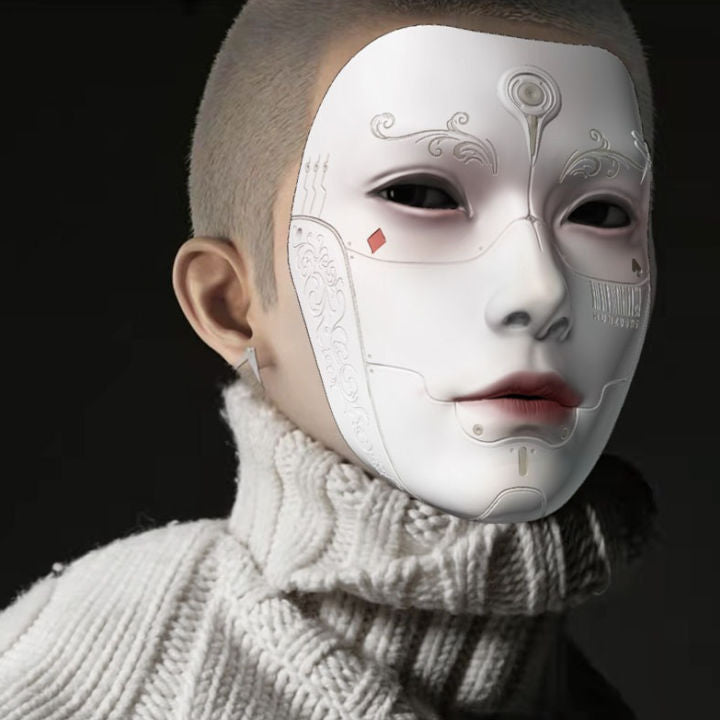 A Japanese man wearing the Futuristic Cyberpunk Face Mask - By clotechnow Techwear Shop