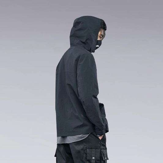 A man wearing the Hardshell Techwear Jacket and face mask - Back side