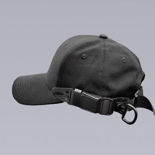 The Black Cyberpunk Functional Cap By Clotechnow Brand. Close up image.