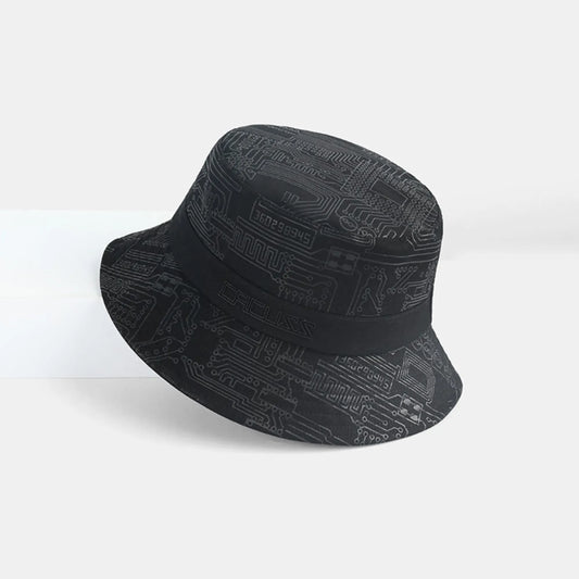 A black Cyberpunk Bucket Hat with a three-dimensional shape, nearly routed brim - Clotechnow.