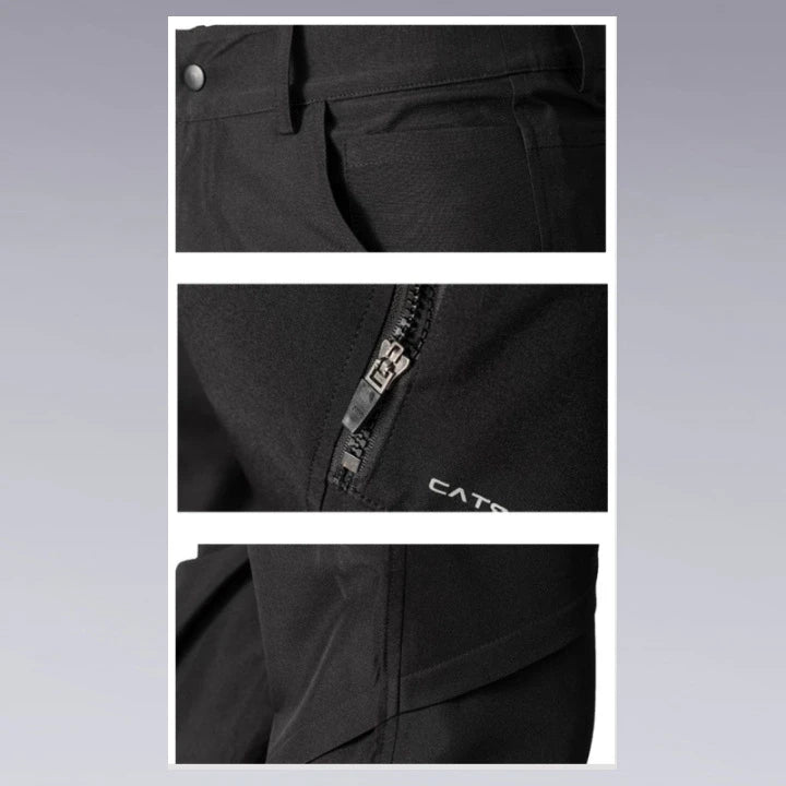 Details of the 3D cut techwear pants zipper, pockets, and legs.