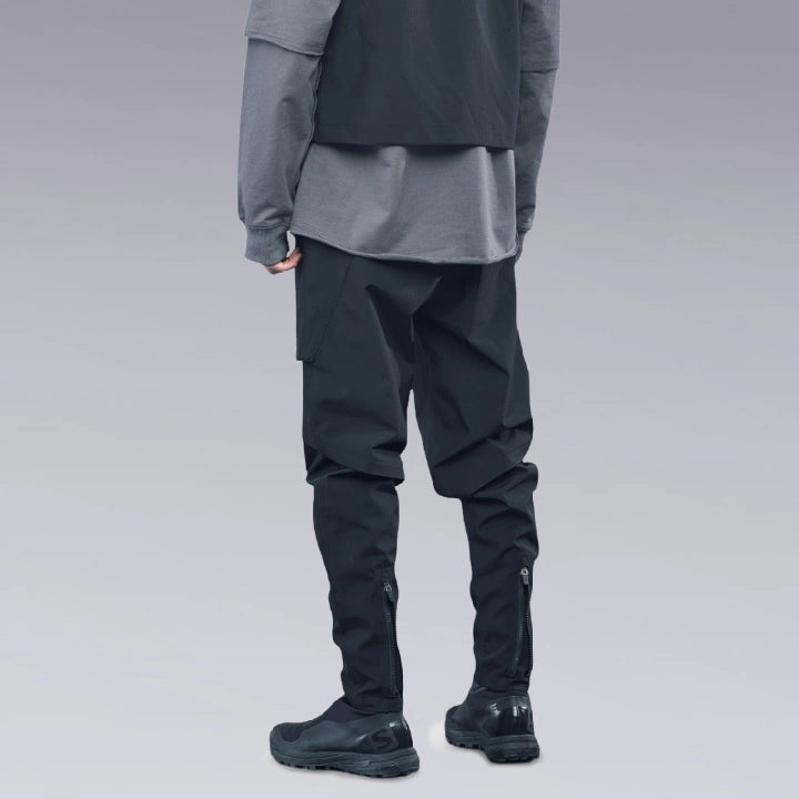 A man is wearing Techwear pants and shows his back.