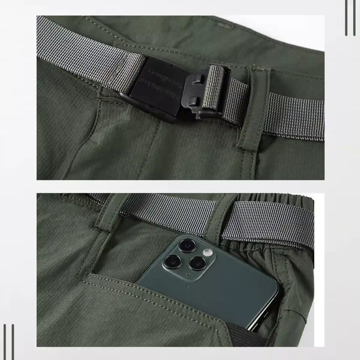 Details Of The S/23 Summer Techwear Shorts. Army Green Color