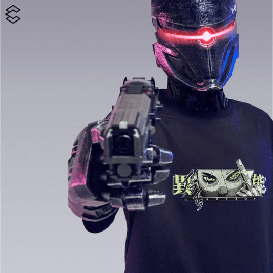 Imagine a world where you are the most brilliant, striking person on an otherwise vacant street. You'll be able to see all of your surroundings in style with this reflective Cyberpunk T-shirt, and have that luminescent logo positioned on your back. With a high quality material such as 100% cotton